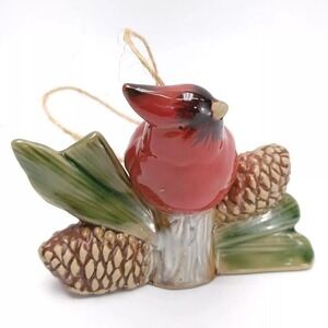 Red‎ Cardinal Ceramic Bird Pinecone Hanging Ornament Porch Display Yard Art